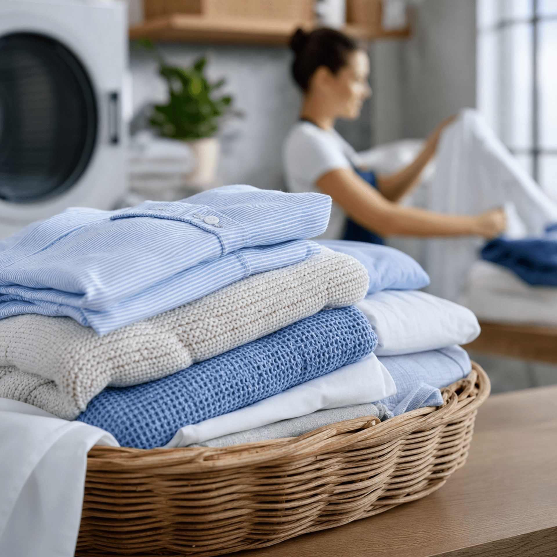Freshly folded laundry stacked at Seaside Wash and Fold